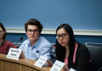 AMS Senate debate 2018 Jeanie Malone (partially out of frame) Matthias Leuprecht and Hanna Xiao