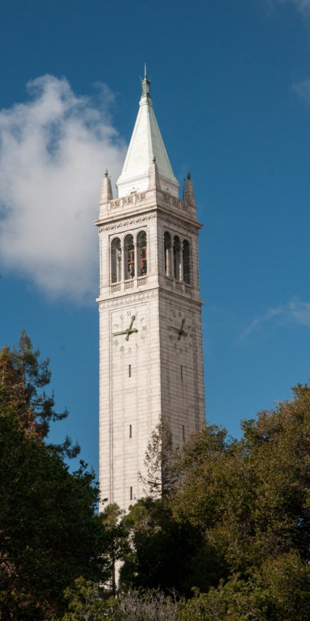Color photo of the top section of the Campanile