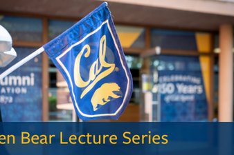 A blue and gold Cal flag with a bear