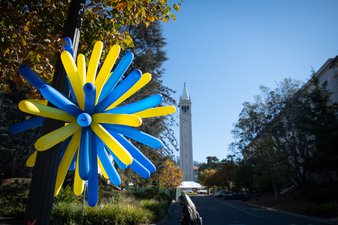 Photo of a blue and gold balloons in front of the Campanile