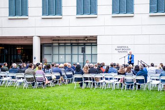 Image of Chancellor Carol T. Christ speaking to an audience outside