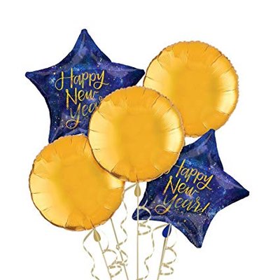Color illustration of blue and gold "Happy New Year!" balloons