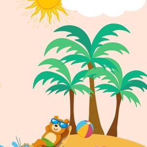 Bear lounging on a beach with palm tree, sun, seashells