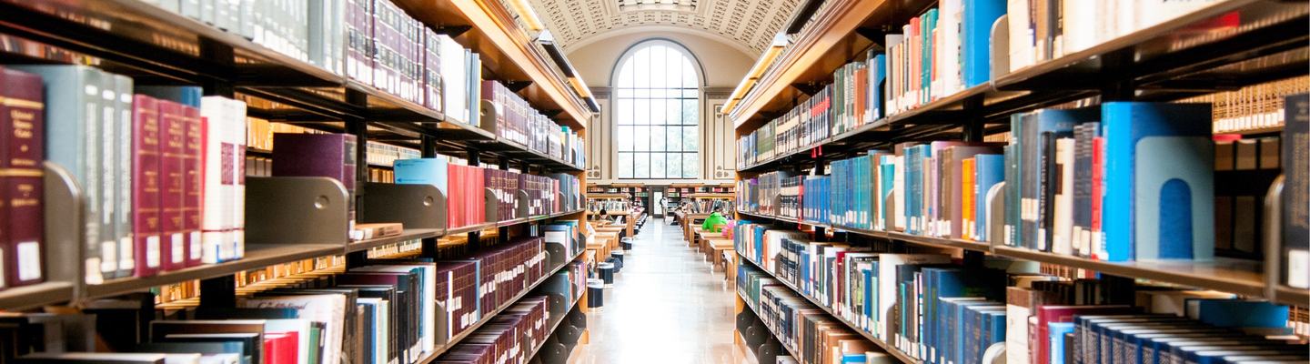 A row of library books.