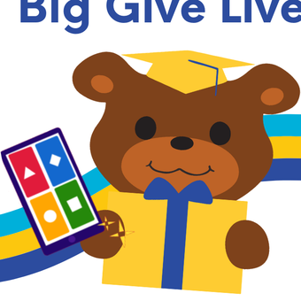 Bright graphic of the CSP Bear holding a phone for Big Give Live!