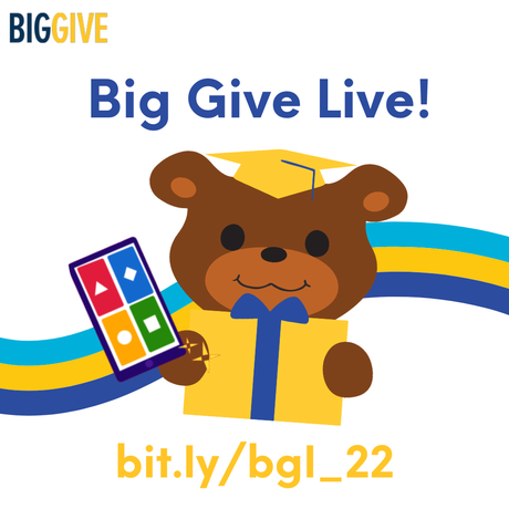 Bright graphic of the CSP Bear holding a phone for Big Give Live!