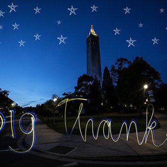 Photo of Cal campus at nighttime with stars drawn on and Big Thanks written in light text.