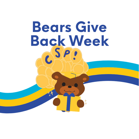 Color graphic of a Cal bear with balloons, promoting Bears Give Back Week