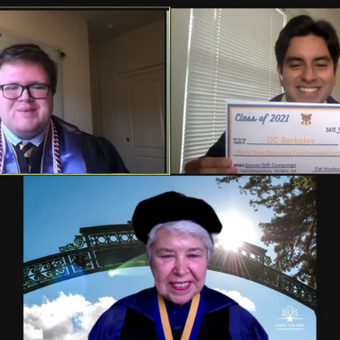 Zoom screenshot of Douglas Wickham, Eric Manzo, and Chancellor Christ during Commencement.