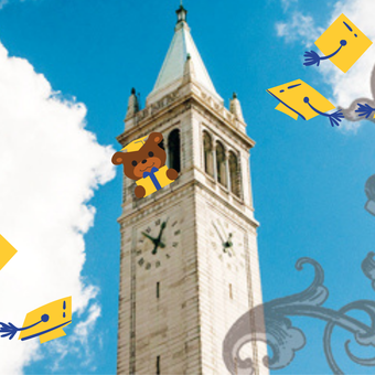 Color photo of the Campanile with graphic images overlain of graduation caps and a Berkeley bear