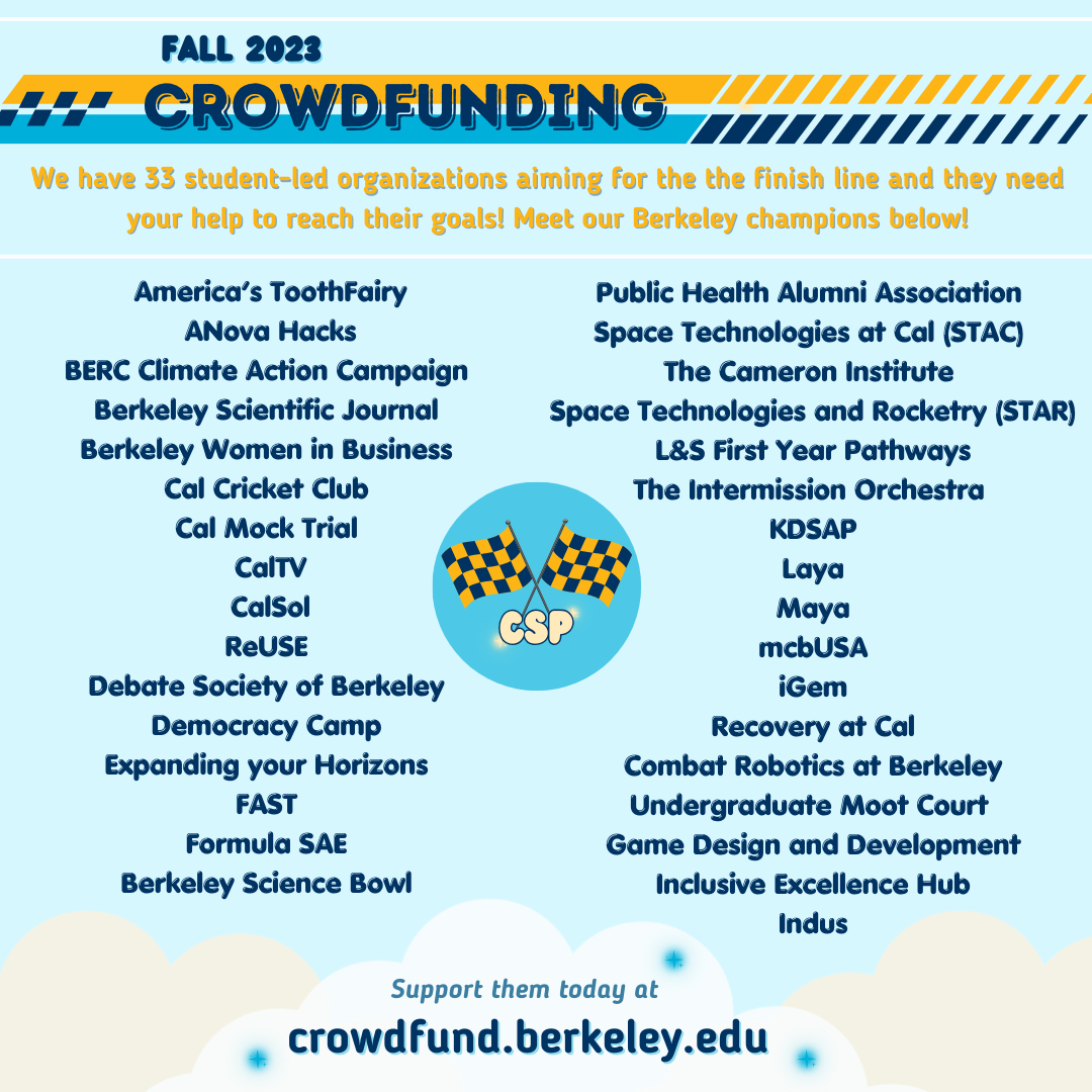 Race-themed pale blue infographic listing all 33 crowdfunding organizations as described in caption