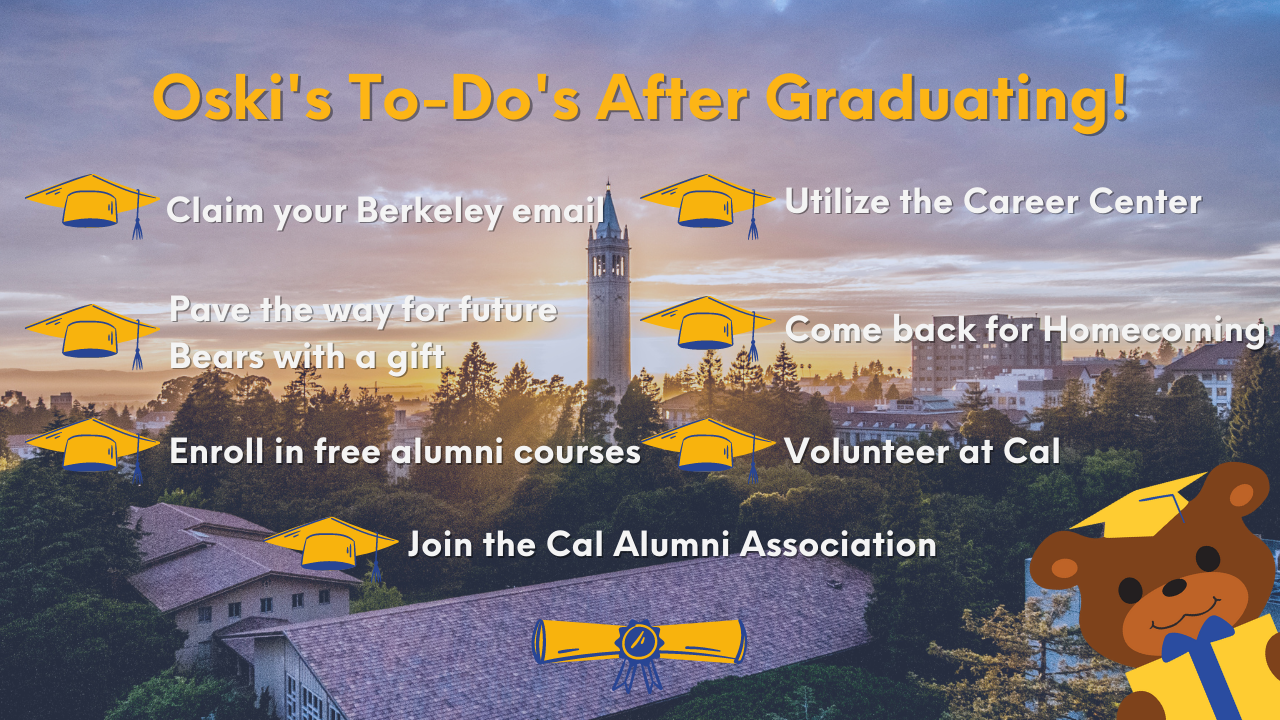 Color photo of the Berkeley campus with the Campanile centered, text overlain to summarize the 7 to-do's after graduating described above.