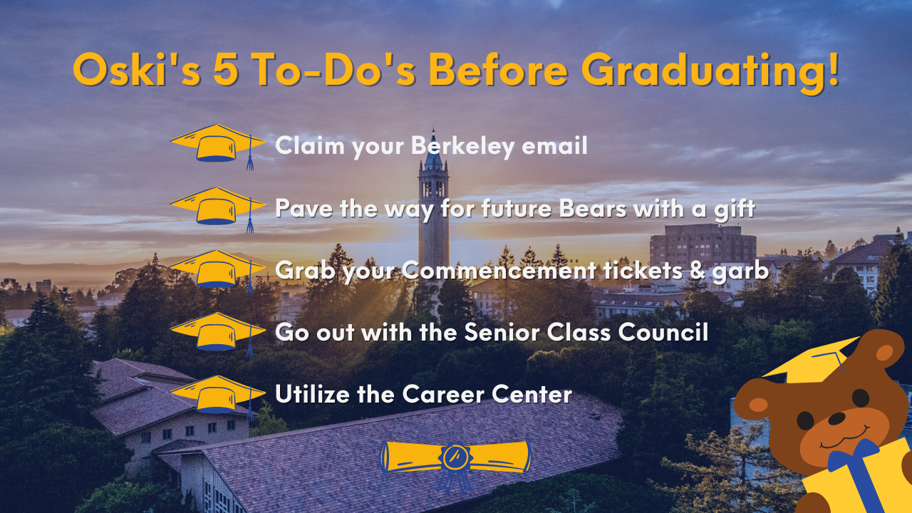 Wide shot of campus, with text overlayed and graduation graphic motifs. Text reads: "Oski's 5 To-Do's Before Graduating!" and summarizes the above text.