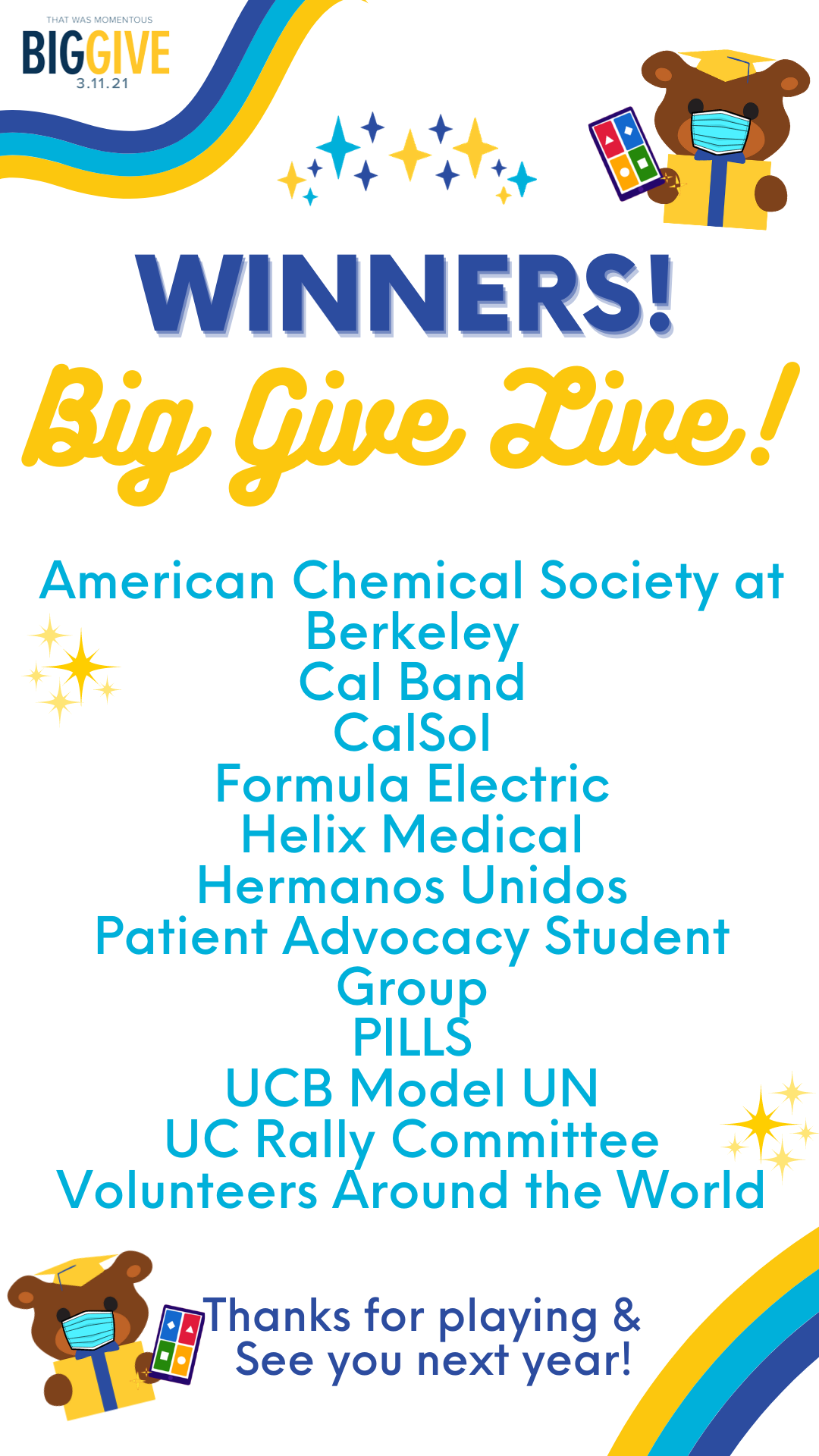 Graphic listing the winners of 2021's Big Give Live!