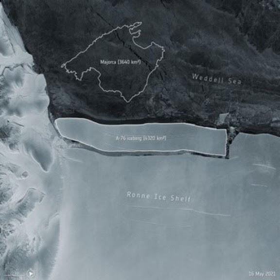 A massive iceberg bigger than the Spanish island of Majorca sheared off from the frozen edge of Antarctica into the Weddell Sea, becoming the world's largest iceberg currently afloat: European Space Agency.