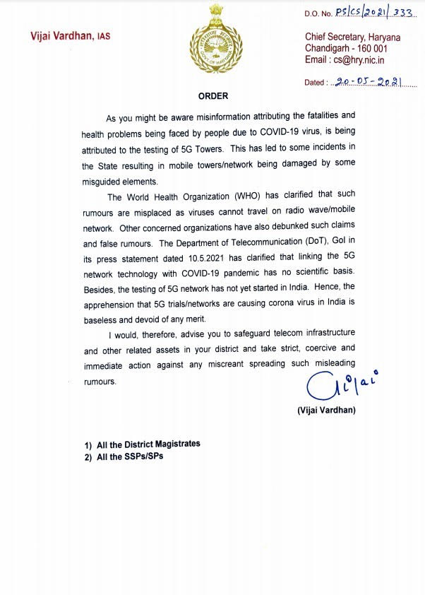 Chief Secretary of Haryana has issued an order to safeguard telecom infrastructure and other related assets in districts and take strict, coercive and immediate action against any miscreant spreading misleading rumours of linking 5G network trials with Covid spread.