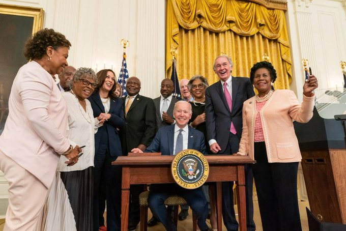 US President Joe Biden signs the Juneteenth National Independence Day Act into law, making June 19 a federal holiday commemorating the emancipation of enslaved Black Americans.