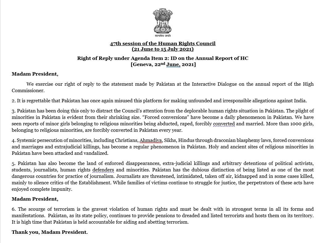 Pakistan has once again misused this platform for making unfounded & irresponsible allegations against India: India's reply to Pakistan's 47th sessions of the Human Rights Council.