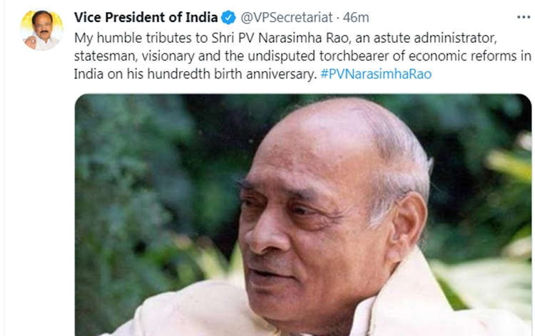 Vice President M Venkaiah Naidu today paid tributes to former Prime Minister P V Narasimha Rao on his hundredth birth anniversary. In a tweet, Mr Naidu said, PV Narasimha Rao was an astute administrator, statesman, visionary and the undisputed torchbearer of economic reforms in India.