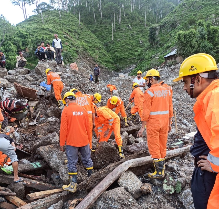 Himachal Pradesh | National Disaster Response Force (NDRF) continues rescue operation at Boh village in Kangra district, following flash floods in the area yesterday