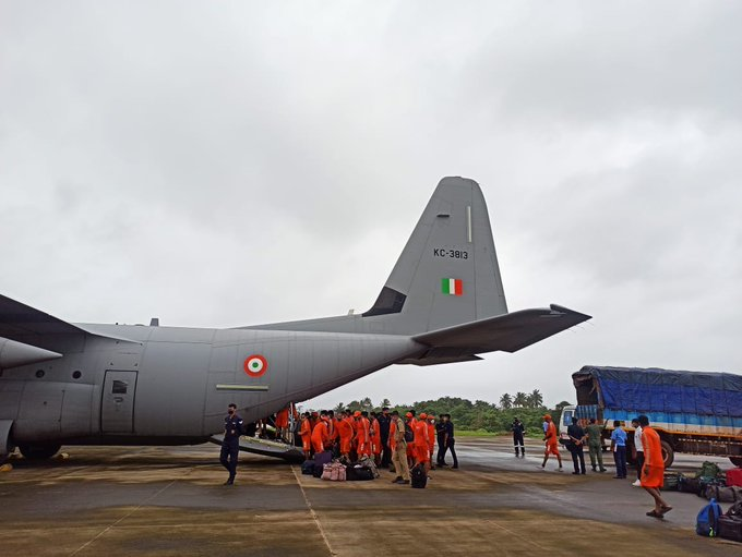 '@IAF_MCC has deployed its transport aircrafts, in addition to helicopters, to ferry personnel & equipments of @NDRFHQ, from Bhubaneswar to Pune, Ratnagiri & Goa in preparation for flood relief ops.