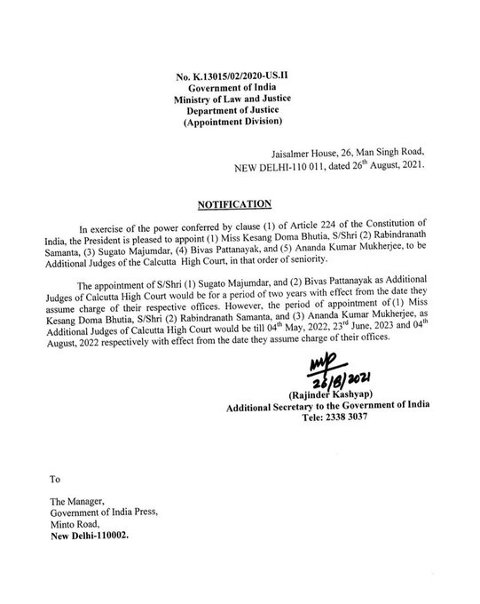 Union Ministry of Law and Justice appoints five persons as additional judges of the Calcutta High Court.