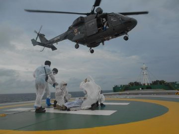 In a coordinated operation between @indiannavy & Coast Guard, a medical evacuation on the high seas was undertaken by Headquarters Southern Naval Command (SNC) yesterday using Advanced Light Helicopter (ALH), from Merchant Vessel MV Lyric Poet off Kochi