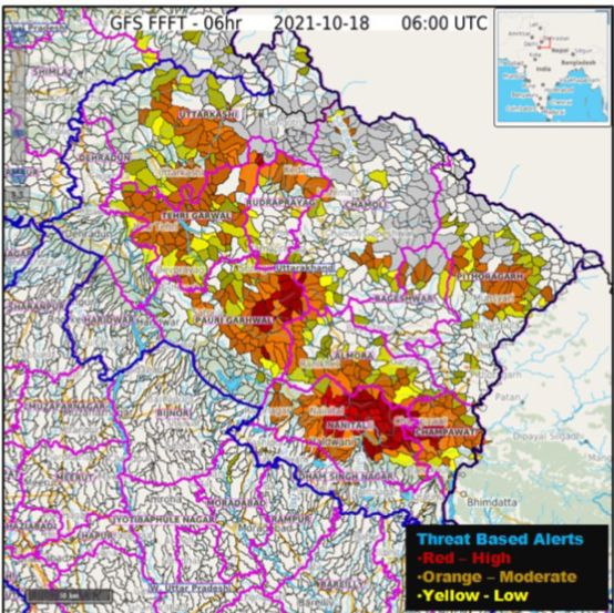 Uttarakhand: Moderate to high threat likely over few watersheds and neighborhoods in the Nainital, Champawat, Almora, Pauri Garwal, Teri Garwal, Rudraprayag, Uttarkashi, Piitoragarh, Chamoli Bageshwar, districts of the state.