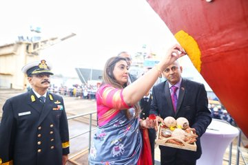 7th ship of P1135.6 class Tushil launched at Yantar Shipyard, Kaliningrad yesterday by Datla Vidya Varma in presence of D Bala Venkatesh Varma, India's Ambassador to Russia.