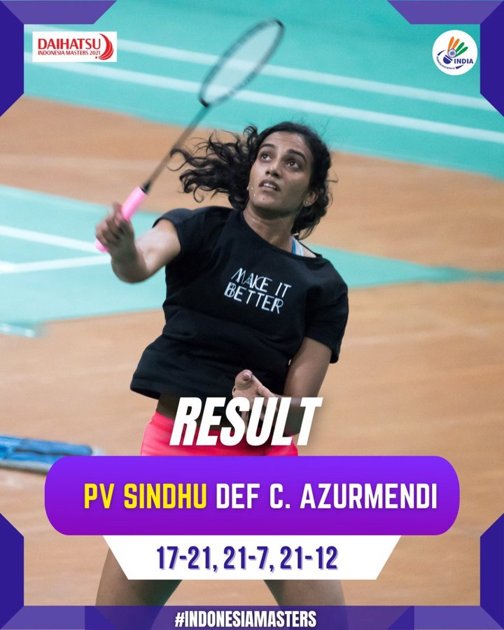 Indian Shuttler  @Pvsindhu1  enters the last 8 of Indonesia Masters 2021 after defeating Spain's Clara Azurmendi 17-21, 21-7, 21-12 in the pre-quarters.