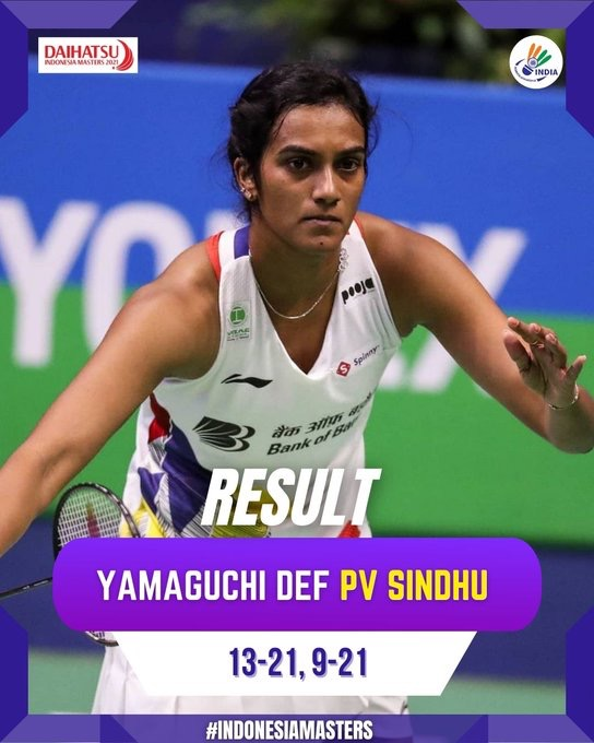 Badminton:  @Pvsindhu1  loses to Akane Yamaguchi of Japan in the Semi-Final of Indonesia Masters tournament 2021 in Bali.