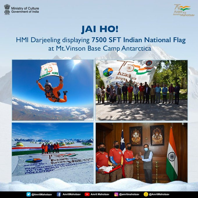 India became the 1st country in the world to display a gigantic flag at Mt. Vinson Base Antarctica. The expedition team of @HMIDarjeeling  braved sub-zero temperatures to display 7500 SFT Indian National Flag.