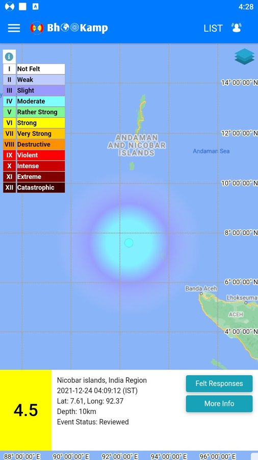 An earthquake of magnitude 4.5 on the Richter scale struck 182 Km west-north-west of Campbell Bay in Andaman and Nicobar Islands, India early morning today.