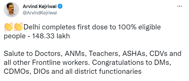 Delhi completes 100% first dose vaccinations: CM Arvind Kejriwal