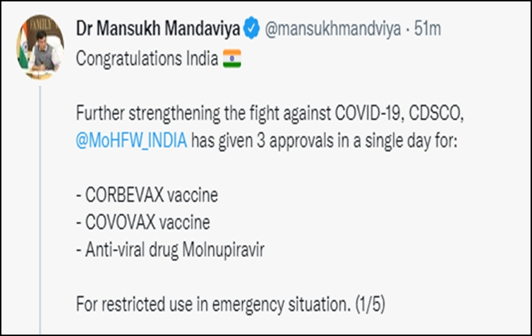 Govt approves Corbevax and Covovax vaccines and anti-viral drug Molnupiravir for restricted use on adults in emergency situations