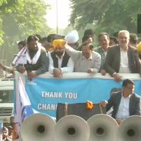 AAP leader Arvind Kejriwal takes part in a 'Vijay Yatra' in Chandigarh after AAP's victory in the Chandigarh Municipal Corporation elections