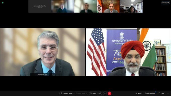 Ambassador of India to the United States  @SandhuTaranjitS  holds a virtual meeting with Joe Almeida, CEO  @baxter_intl , a leading US healthcare company with a substantial presence in India. They discussed ways to further strengthen health supply chains & fight the pandemic.