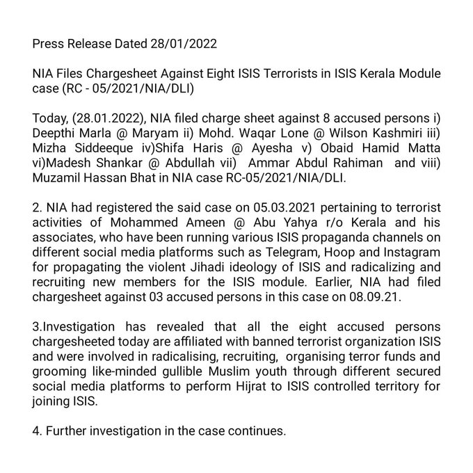 NIA Files Chargesheet Against Eight ISIS Terrorists in ISIS Kerala Module case.