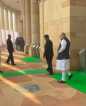 Delhi: Defence Minister Rajnath Singh, Union Home Minister Amit Shah, Railways, Communications and IT Minister Ashwini Vaishnaw, Parliamentary Affairs Minister Pralhad Joshi, and others arrive at the Parliament for the union cabinet meeting ahead of the presenting of the #Budget