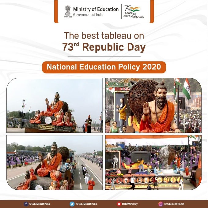 The Ministry of Education won the best tableau award presented on the 73rd Republic Day. The  @EduMinOfIndia  showcased the key aspects of NEP-2020 through the theme ‘Vedas to Metaverse’.