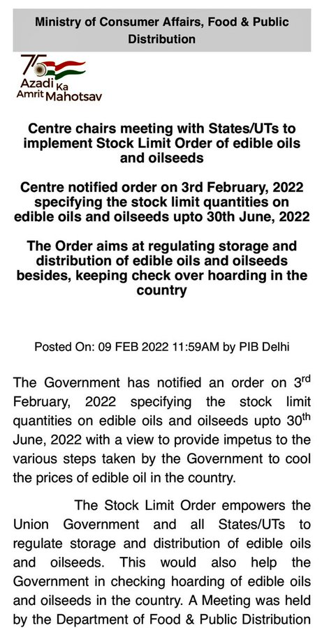 The Centre held a meeting with States & Union Territories to implement Stock Limit Order of edible oils and oilseeds. The order was notified earlier this month and specifies the stock limit quantities on edible oils and oilseeds upto 30th June this year.