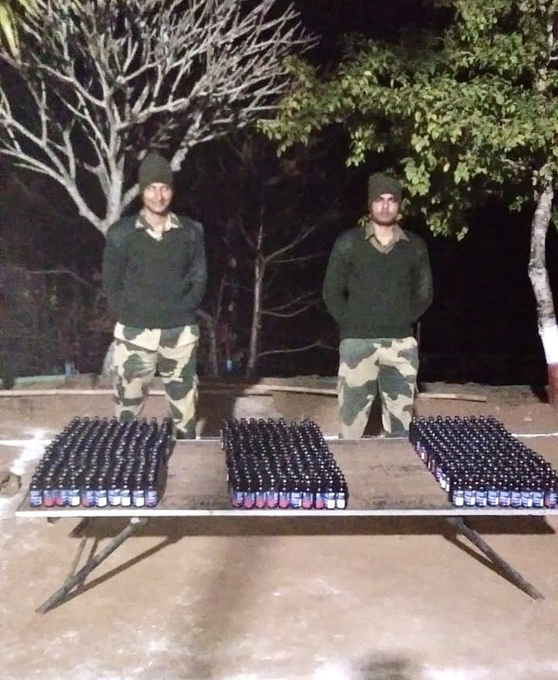 BSF troops seized 597 bottles of prohibited cough syrup ‘Phensedyl’ from border area under South Garo Hills district of Meghalaya while being smuggled to Bangladesh on February 16.