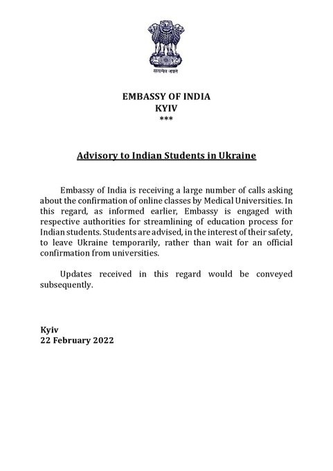 Indian Embassy in Ukraine issues advisory for Indian students.