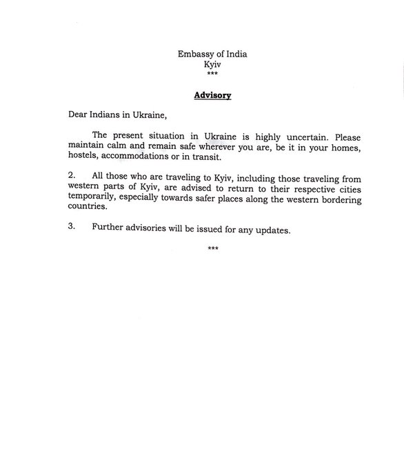 Embassy of India in Kyiv, Ukraine issues important advisory to all Indian Nationals in Ukraine as of 24th Feb 2022.
