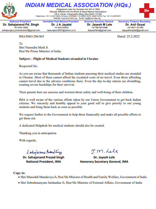 Indian Medical Association (IMA) writes to PM Modi over evacuation on medical students stranded in Ukraine. IMA urges Govt of India to establish a dedicated helpdesk for medical students and also help them financially.