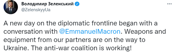 #UkraineRussianCrisis Ukraine President spoke with  France President Emmanuel Macron, tweets, 