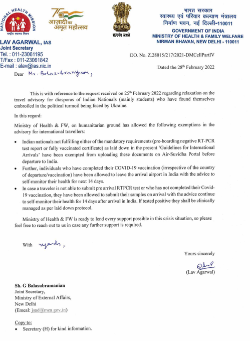 Health Ministry revises int'l travel advisory; provides various exemptions for Indians being evacuated from Ukraine. Mandatory pre-boarding negative RTPCR test & vaccination certificate exempted for Indians; uploading documents before departure on Air-Suvidha Portal exempted.