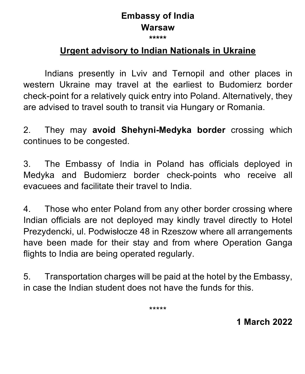 Indian Embassy issues 'urgent advisory', asks Indian nationals in Ukraine to avoid Shehyni-Medyka border