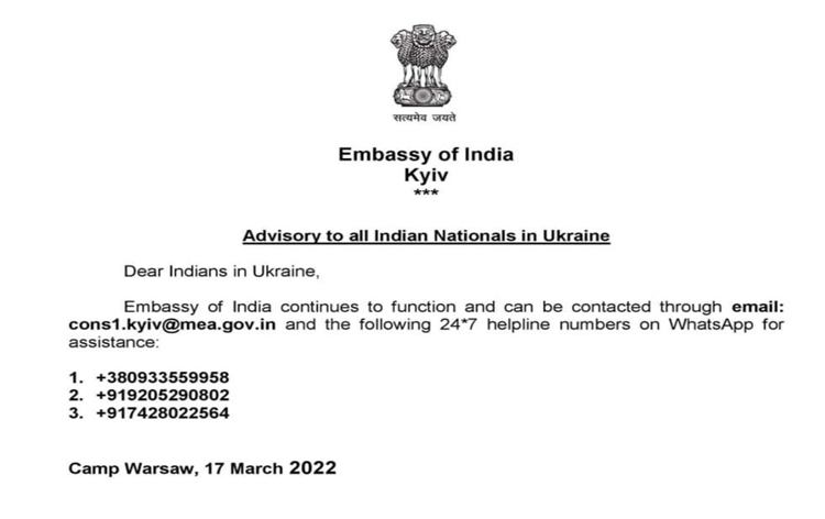 Indian Embassy in Ukraine issues fresh advisory for Indians