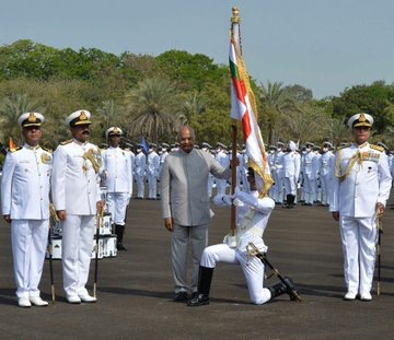 President Ram Nath Kovind presents President’s Colour to INS Valsura. @indiannavy over the years has emerged as a Combat Ready, Credible, and Cohesive Force, and is the ‘Preferred Security Partner’ in The Indian Ocean Region: President Ram Nath Kovind